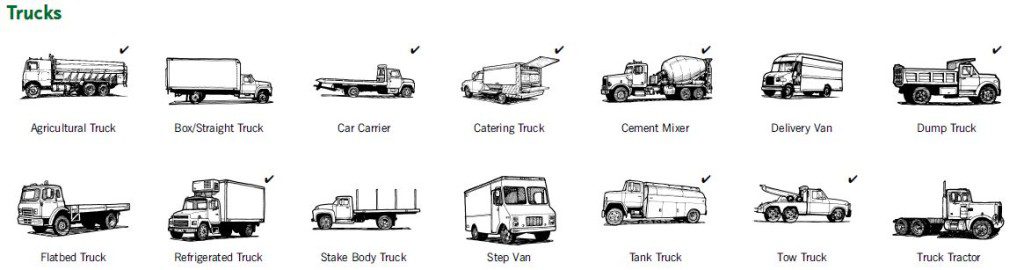 A small sampling of some Trucks We insure on a daily basis, the list is too large to mention here.